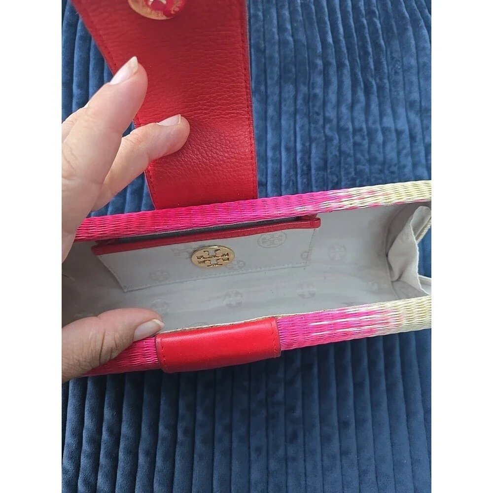 TORY  BURCH  Straw Clutch Tan/pink/red